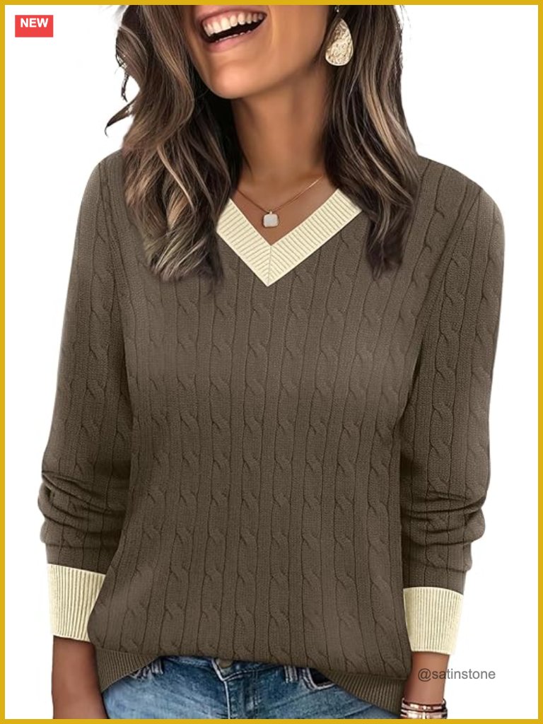 V Neck Cable Knit Sweater For Women Long Sleeve Pullover Soft Comfy
